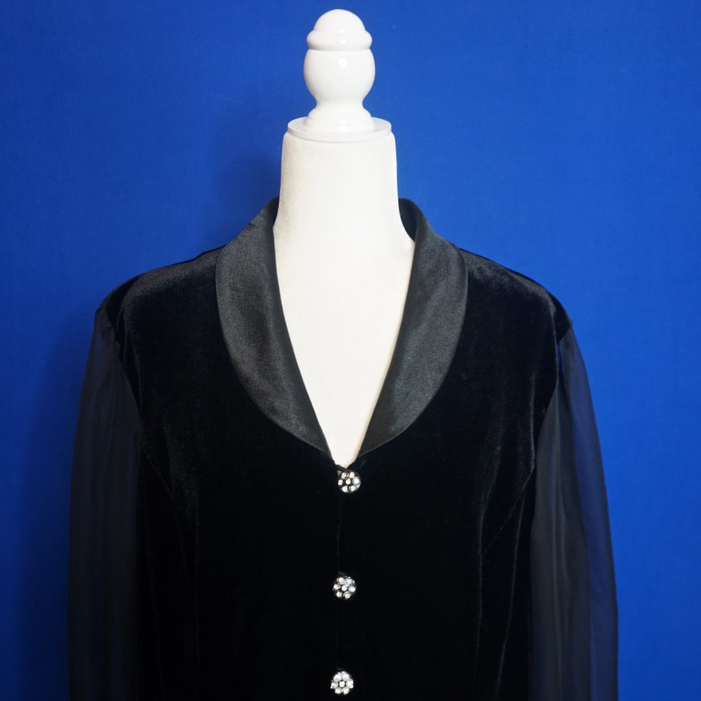 💜 DRESS BARN Black Velvet Sheer Sleeves Faux Diamond Button Jacket/Top (XL) - Picture 4 of 10